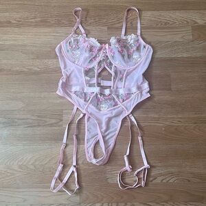 Pink Embroidered Floral Lingerie Bodysuit